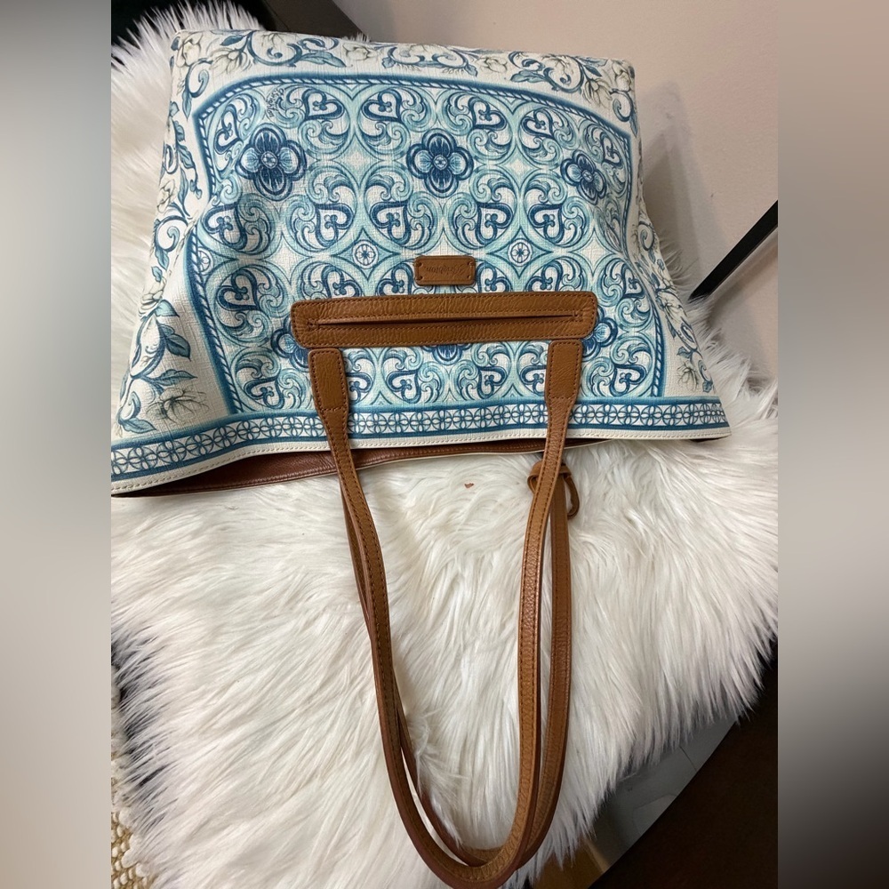 Brighton Brielle Blue White British Tan Leather Trim Coated Canvas - Picture 8 of 11